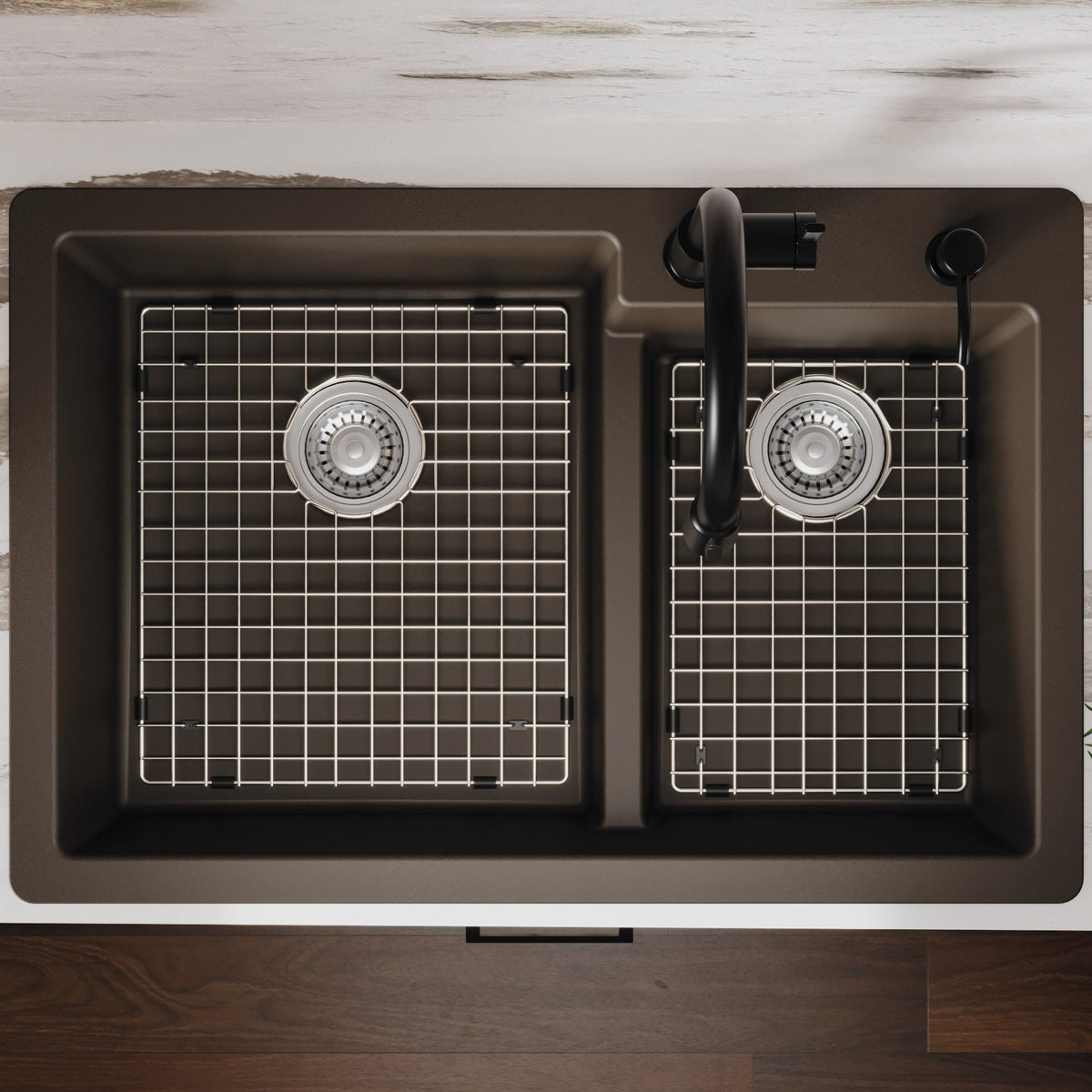 33" Top Mount Double Offset Bowl Quartz Composite Kitchen Sink Kit In Brown