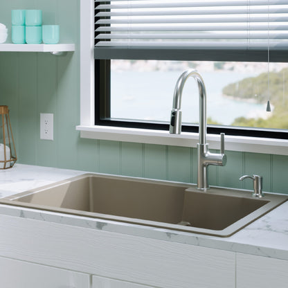 33" Top Mount Double Offset Bowl Quartz Composite Kitchen Sink Kit In Concrete