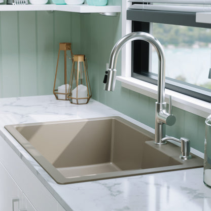 33" Top Mount Double Offset Bowl Quartz Composite Kitchen Sink In Concrete