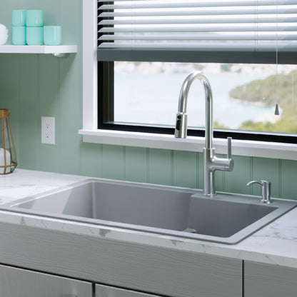 33" Top Mount Double Offset Bowl Quartz Composite Kitchen Sink Kit In Grey