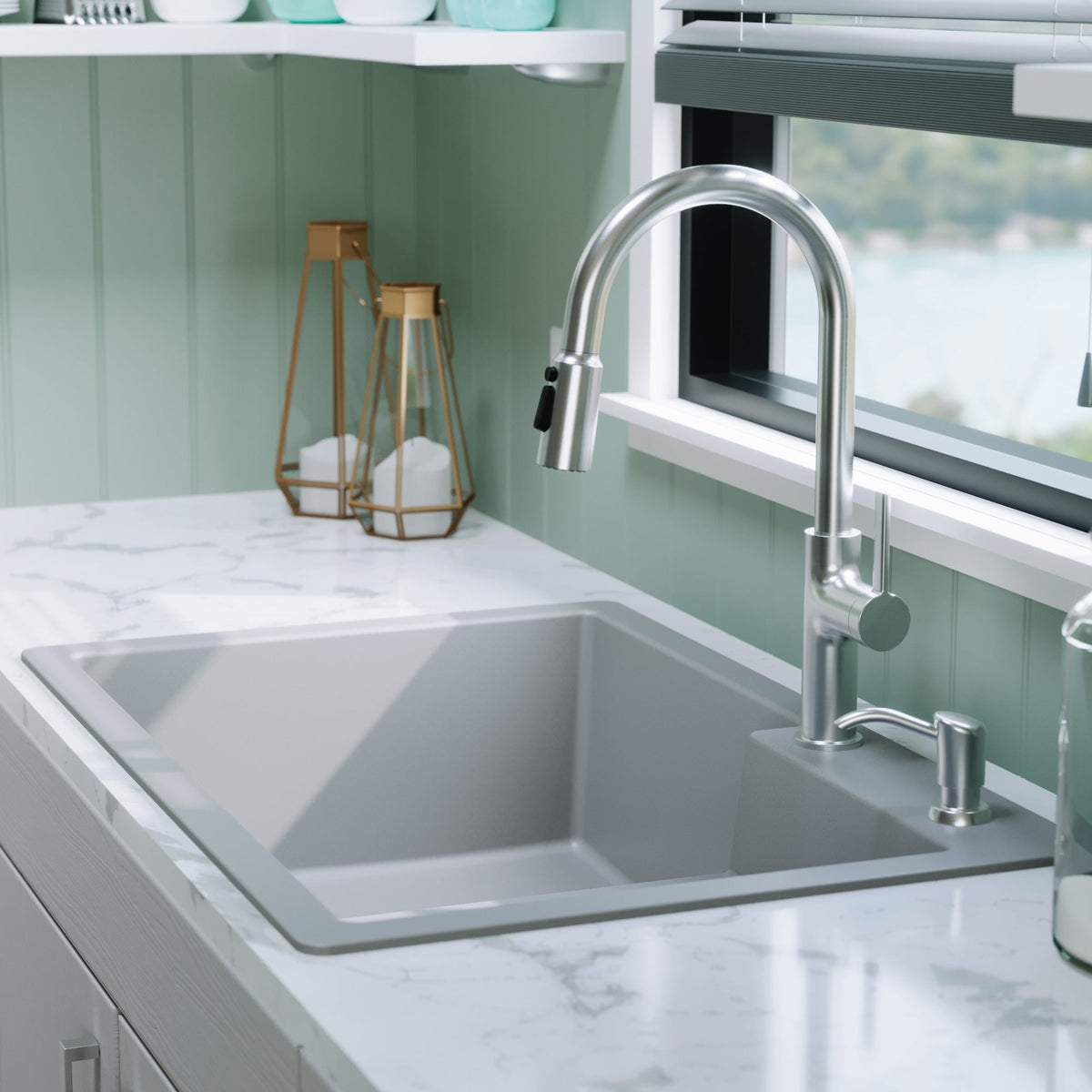 33" Top Mount Double Offset Bowl Quartz Composite Kitchen Sink In Grey