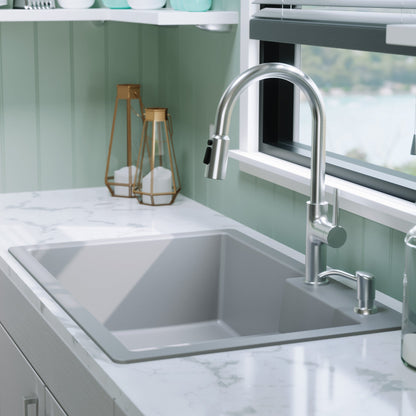 33" Top Mount Double Offset Bowl Quartz Composite Kitchen Sink In Grey