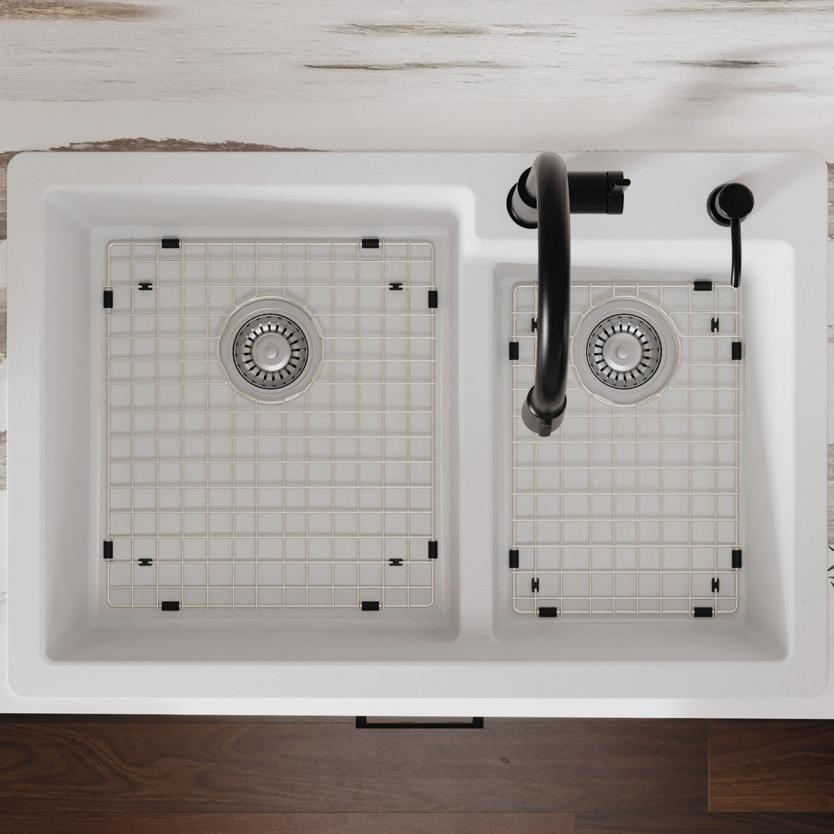 33" Top Mount Double Offset Bowl Quartz Composite Kitchen Sink Kit In White
