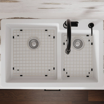 33" Top Mount Double Offset Bowl Quartz Composite Kitchen Sink Kit In White