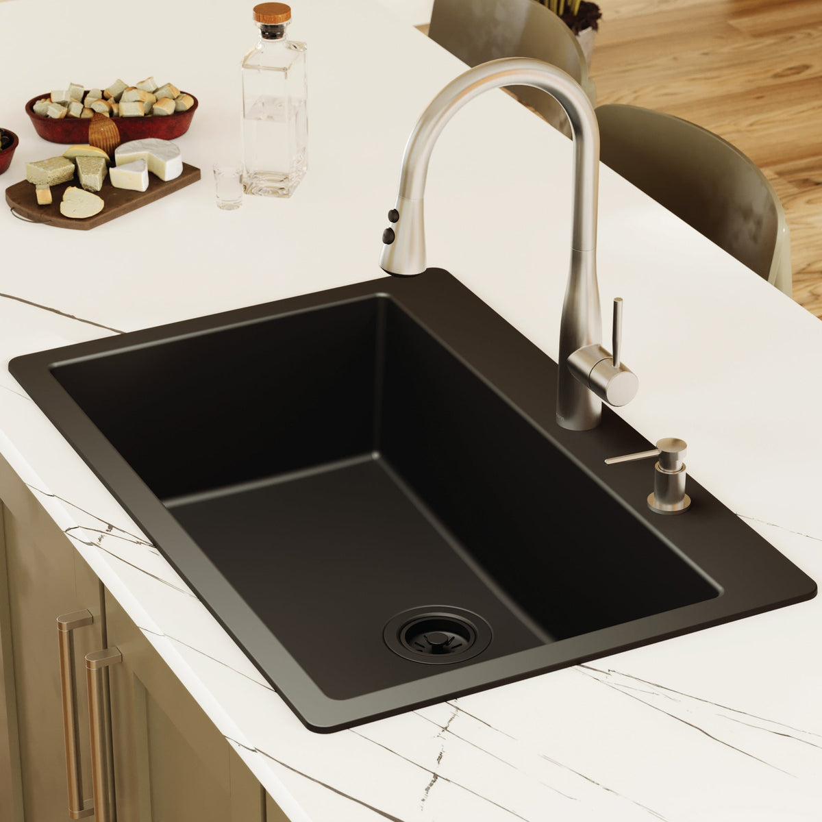 33" Top Mount Large Single Bowl Quartz Composite Kitchen Sink In Black