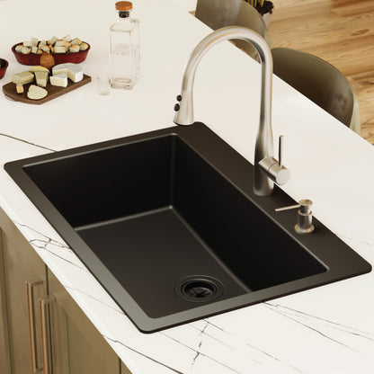 33" Top Mount Large Single Bowl Quartz Composite Kitchen Sink In Black