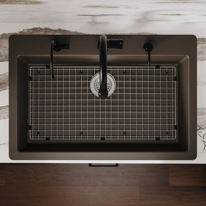33" Top Mount Large Single Bowl Quartz Composite Kitchen Sink Kit In Brown