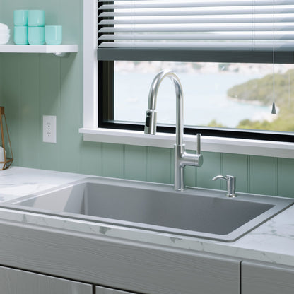 33" Top Mount Large Single Bowl Quartz Composite Kitchen Sink Kit In Grey