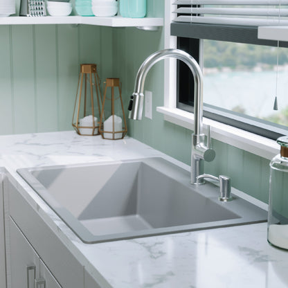 33" Top Mount Large Single Bowl Quartz Composite Kitchen Sink In Grey