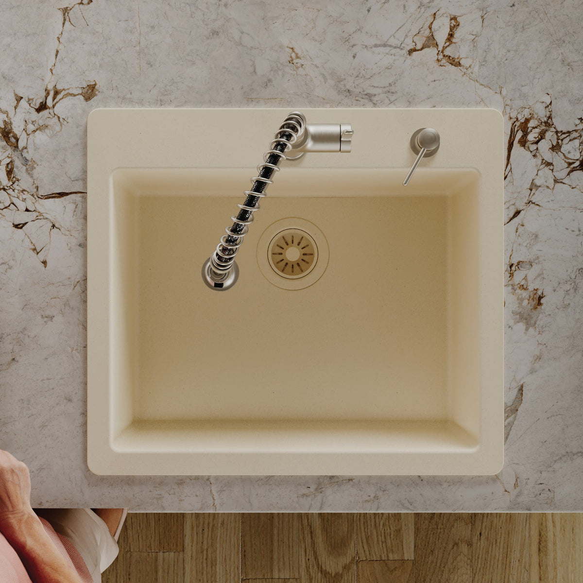 25" Top Mount Single Bowl Quartz Composite Kitchen Sink In Bisque