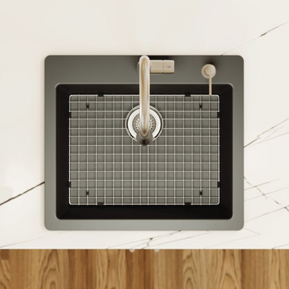 25" Top Mount Single Bowl Quartz Composite Kitchen Sink Kit In Black