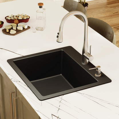 25" Top Mount Single Bowl Quartz Composite Kitchen Sink In Black