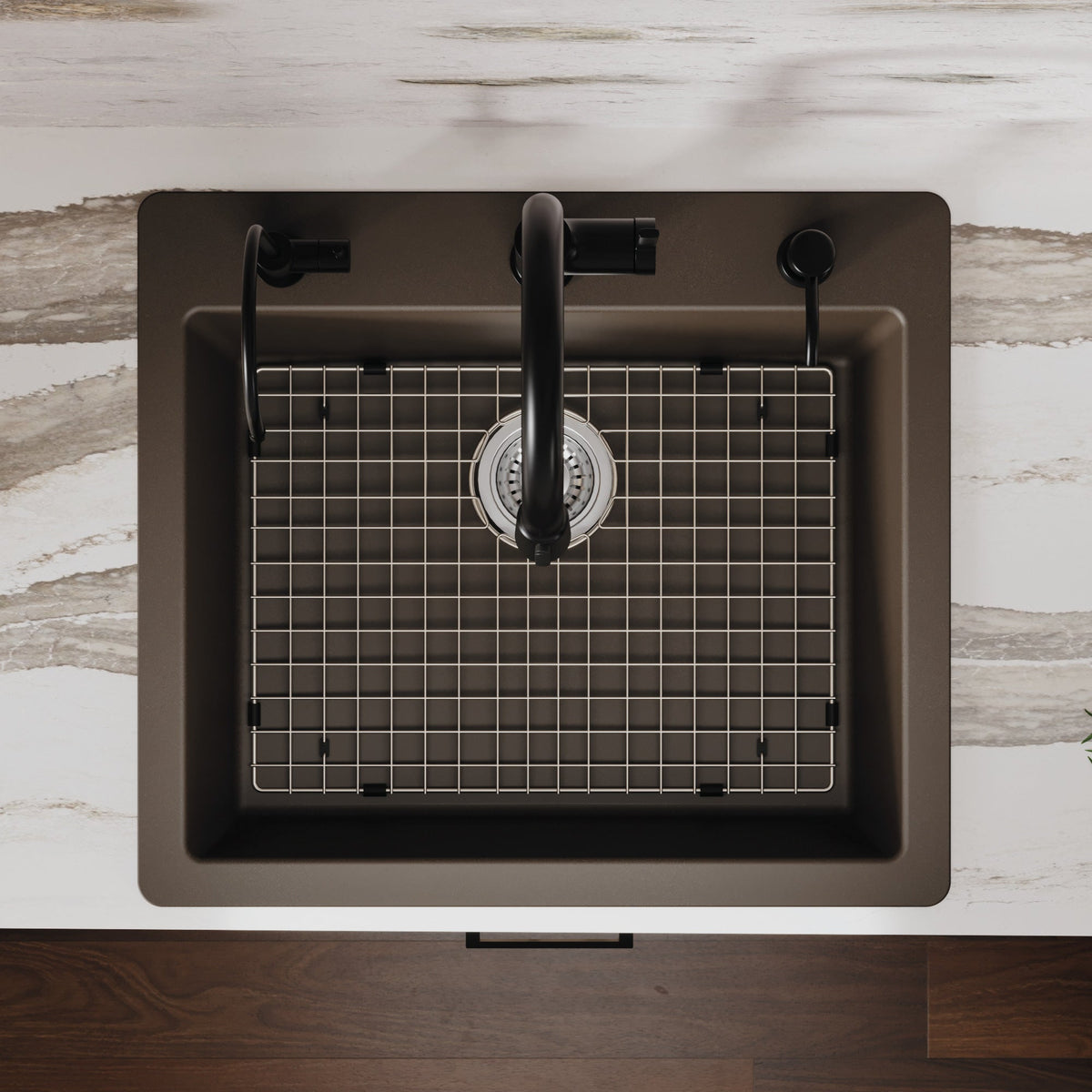 25" Top Mount Single Bowl Quartz Composite Kitchen Sink Kit In Brown