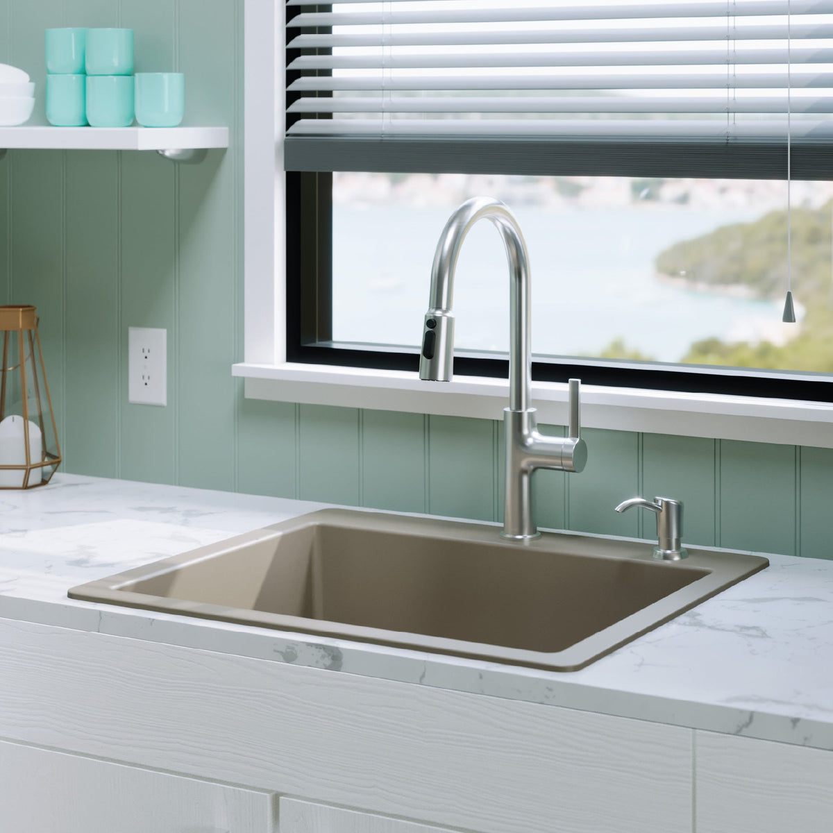 25" Top Mount Single Bowl Quartz Composite Kitchen Sink Kit In Concrete