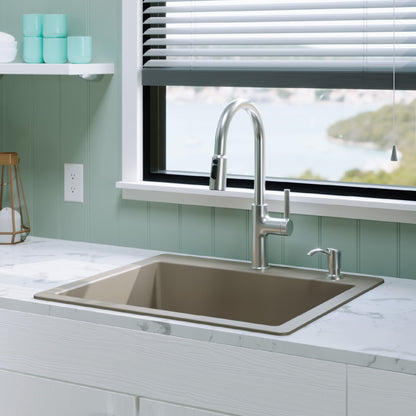 25" Top Mount Single Bowl Quartz Composite Kitchen Sink Kit In Concrete