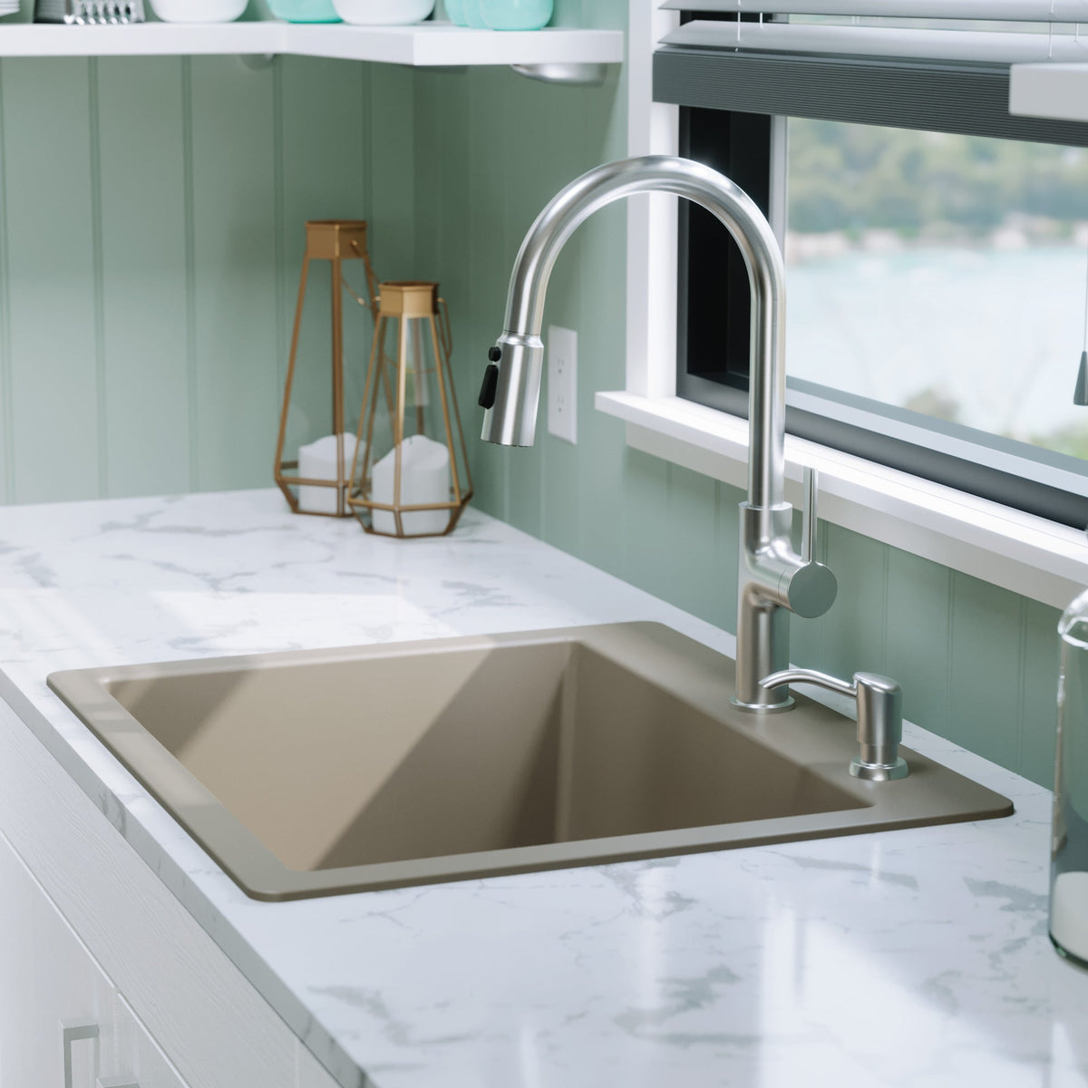 25" Top Mount Single Bowl Quartz Composite Kitchen Sink In Concrete
