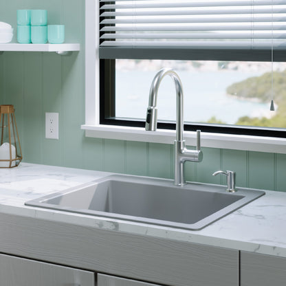 25" Top Mount Single Bowl Quartz Composite Kitchen Sink Kit In Grey