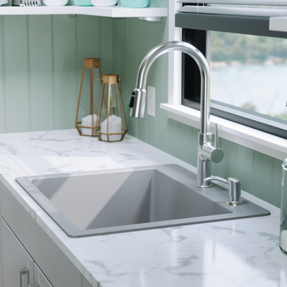 25" Top Mount Single Bowl Quartz Composite Kitchen Sink In Grey