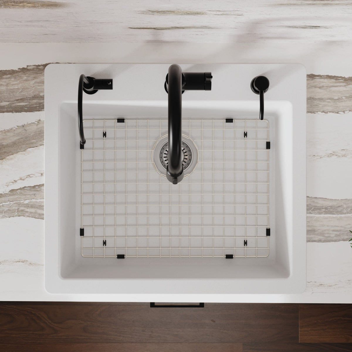 25" Top Mount Single Bowl Quartz Composite Kitchen Sink Kit In White