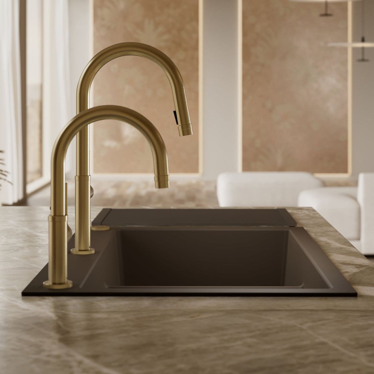33" Top Mount Double Bowl Granite Kitchen Sink in Brown