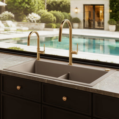 33" Top Mount Double Bowl Granite Kitchen Sink in Concrete