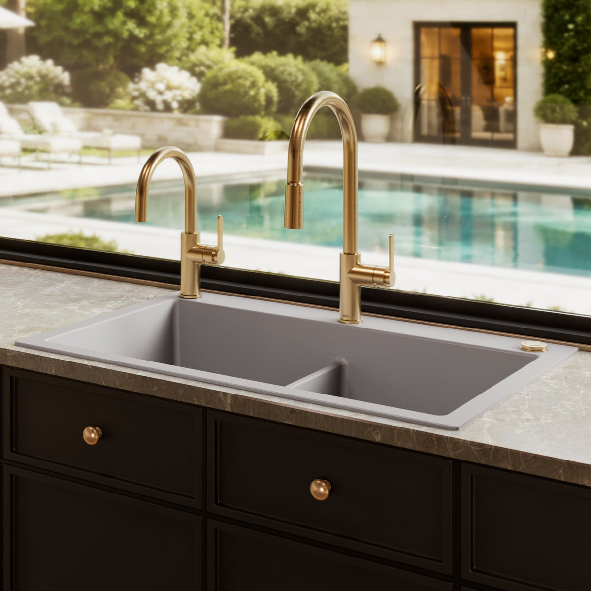 33" Top Mount Double Bowl Granite Kitchen Sink in Grey
