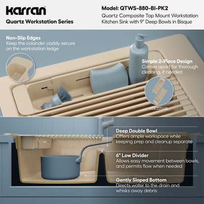 33" Top Mount Double Bowl Quartz Kitchen Sink Kit In Bisque
