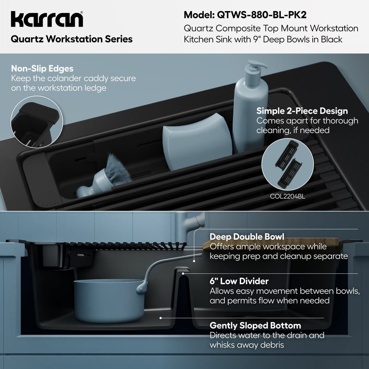 33" Top Mount Double Bowl Quartz Kitchen Sink Kit In Black