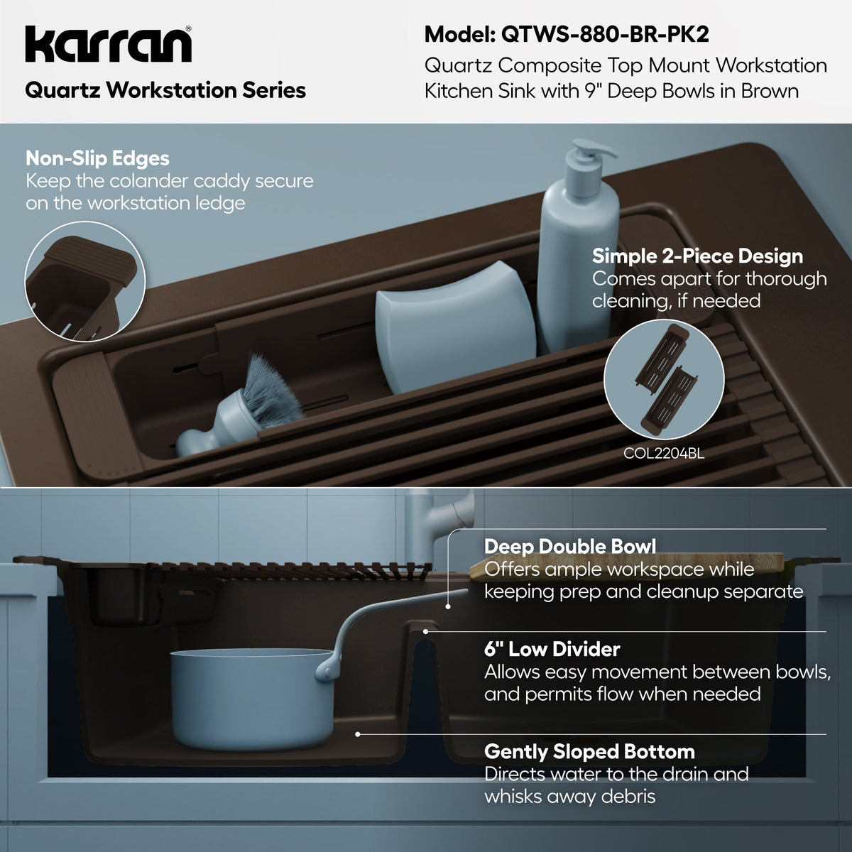 33" Top Mount Double Bowl Quartz Kitchen Sink Kit In Brown