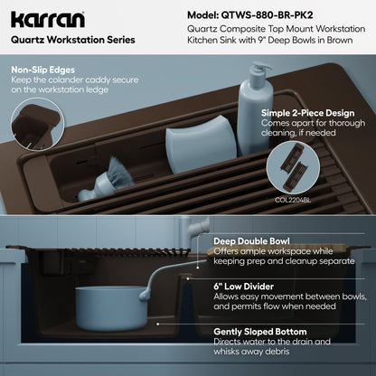 33" Top Mount Double Bowl Quartz Kitchen Sink Kit In Brown