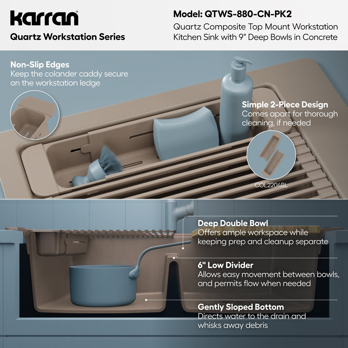 33" Top Mount Double Bowl Quartz Kitchen Sink Kit In Concrete
