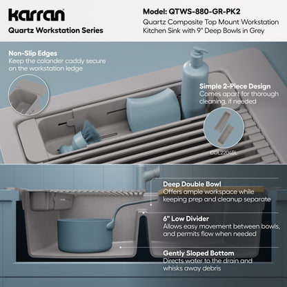 33" Top Mount Double Bowl Quartz Kitchen Sink Kit In Grey