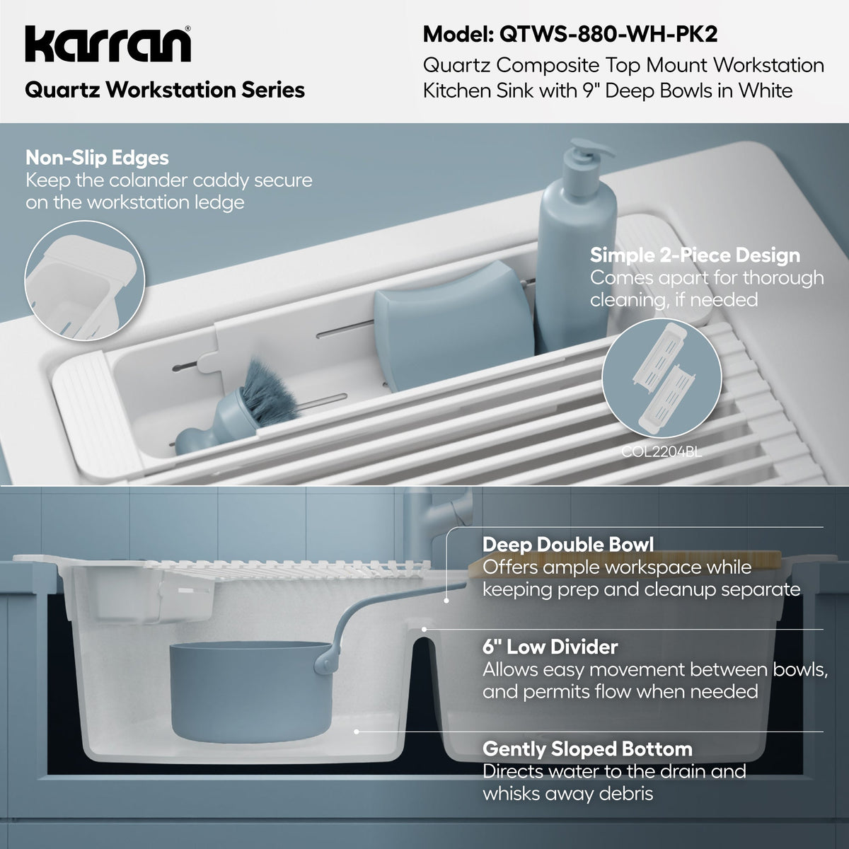 33" Top Mount Double Bowl Quartz Kitchen Sink Kit In White