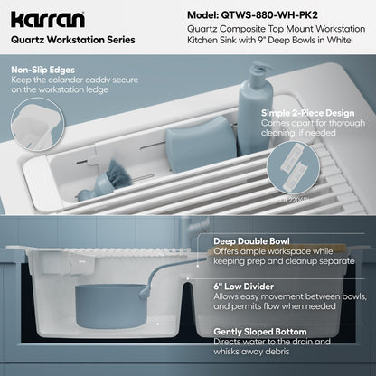 33" Top Mount Double Bowl Quartz Kitchen Sink Kit In White