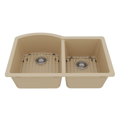 32-1/4" Undermount Double Offset Bowl Quartz Composite Kitchen Sink Kit In Bisque
