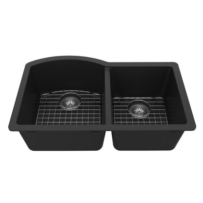 32-1/4" Undermount Double Offset Bowl Quartz Composite Kitchen Sink Kit In Black