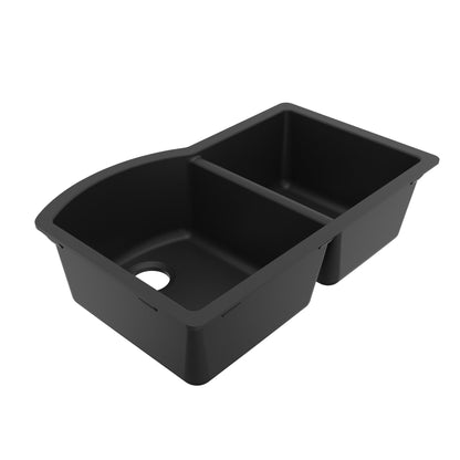 32-1/4" Undermount Double Offset Bowl Quartz Composite Kitchen Sink In Black