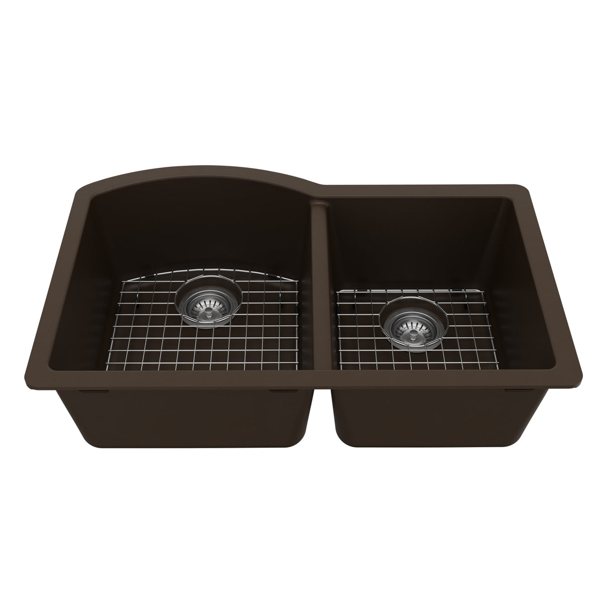 32-1/4" Undermount Double Offset Bowl Quartz Composite Kitchen Sink Kit In Brown
