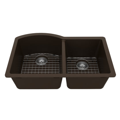 32-1/4" Undermount Double Offset Bowl Quartz Composite Kitchen Sink Kit In Brown
