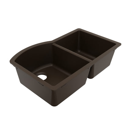 32-1/4" Undermount Double Offset Bowl Quartz Composite Kitchen Sink In Brown