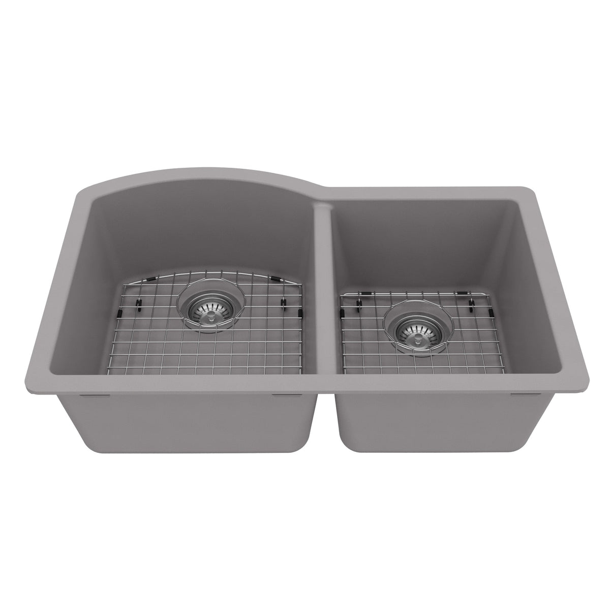 32-1/4" Undermount Double Offset Bowl Quartz Composite Kitchen Sink Kit In Grey