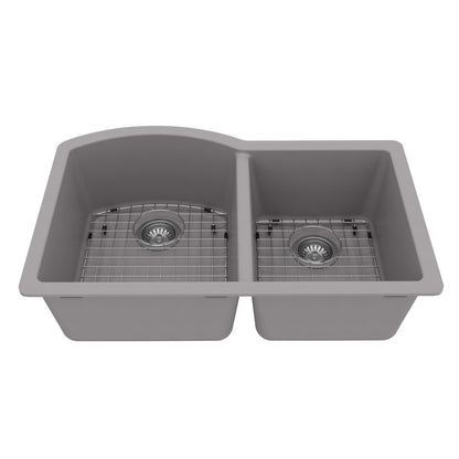 32-1/4" Undermount Double Offset Bowl Quartz Composite Kitchen Sink Kit In Grey