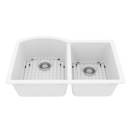 32-1/4" Undermount Double Offset Bowl Quartz Composite Kitchen Sink Kit In White