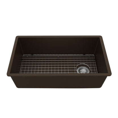 31-5/8" Undermount Large Single Bowl Quartz Composite Kitchen Sink Kit In Brown