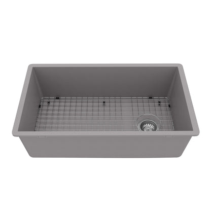 31-5/8" Undermount Large Single Bowl Quartz Composite Kitchen Sink Kit In Grey