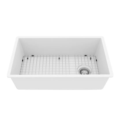 31-5/8" Undermount Large Single Bowl Quartz Composite Kitchen Sink Kit In White