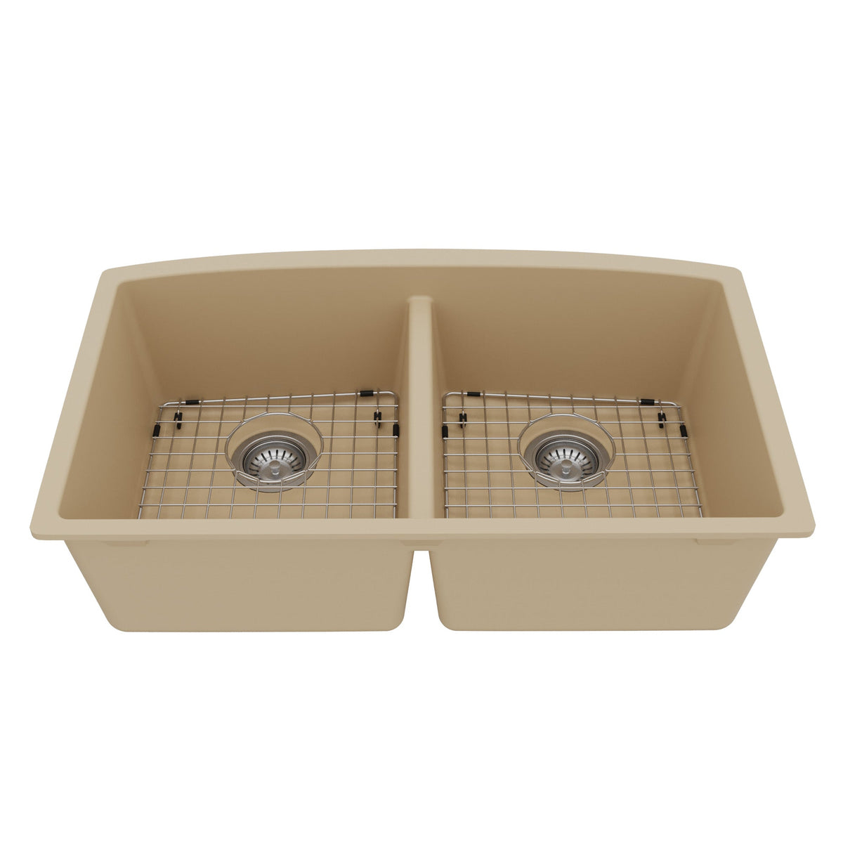 32-1/2" Undermount Double Equal Bowl Quartz Composite Kitchen Sink Kit In Bisque