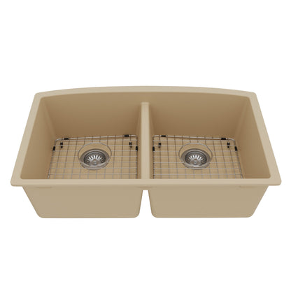 32-1/2" Undermount Double Equal Bowl Quartz Composite Kitchen Sink Kit In Bisque