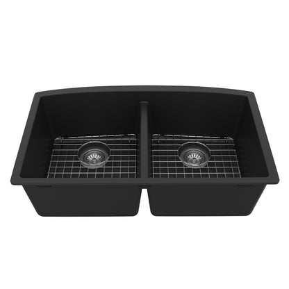 32-1/2" Undermount Double Equal Bowl Quartz Composite Kitchen Sink Kit In Black