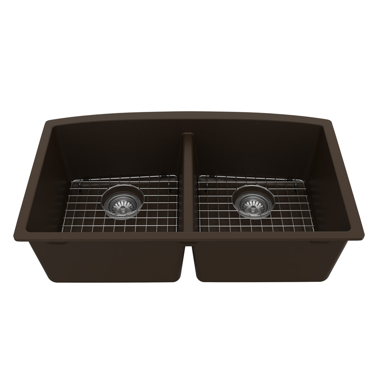 32-1/2" Undermount Double Equal Bowl Quartz Composite Kitchen Sink Kit In Brown